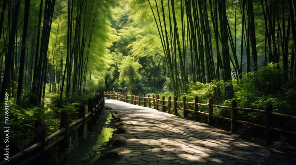 Fototapeta premium Sunlit Path Through a Serene Bamboo Forest