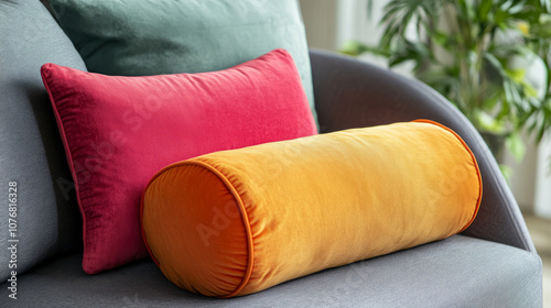 A pair of decorative bolster pillows resting on a modern sofa in a stylish living room, with vibrant cushions and a minimalistic decor style