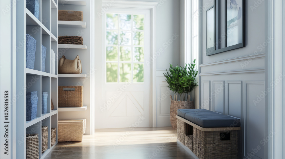 Basic storage solutions in a hallway with simple shelves and clean baskets for organization Basic storage solutions in a hallway with simple shelves and clean baskets for organization