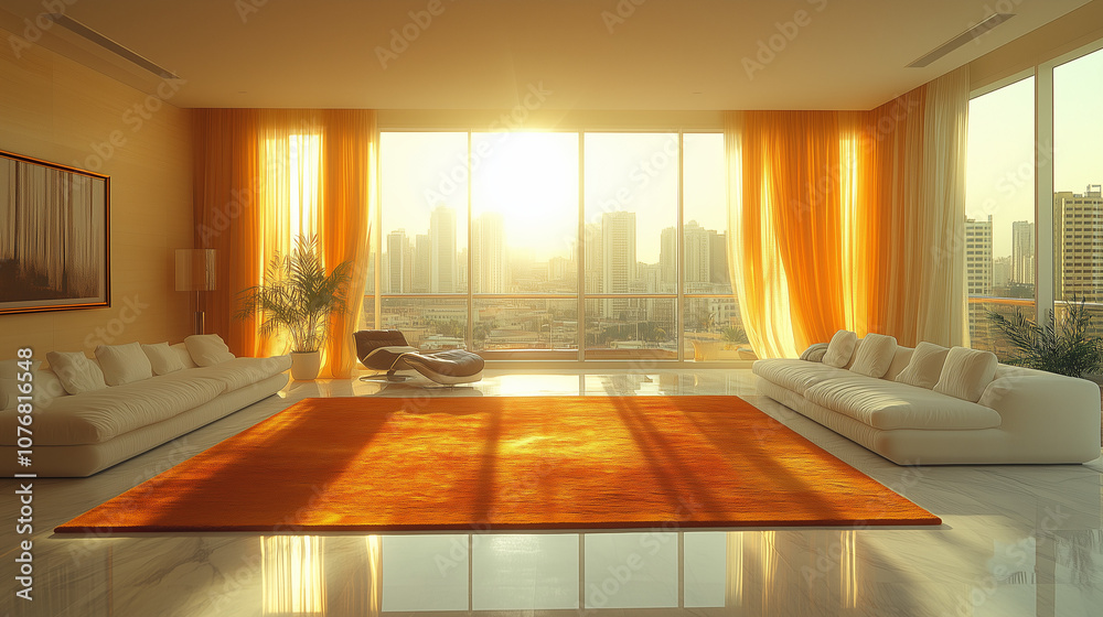 Fototapeta premium Golden Hour Living Room: Sun-drenched luxury apartment with expansive windows, orange rug, and contemporary white sofas. The warm sunset light bathes the room in a luxurious glow. 