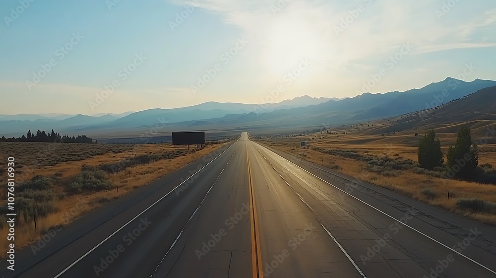 Fototapeta premium Billboard mockup on a highway with mountains in the distance, blank area for advertising