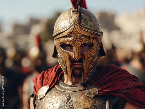 Spartan warrior in battleworn armor, standing before the ancient walls of Sparta, his face calm and resolute photo