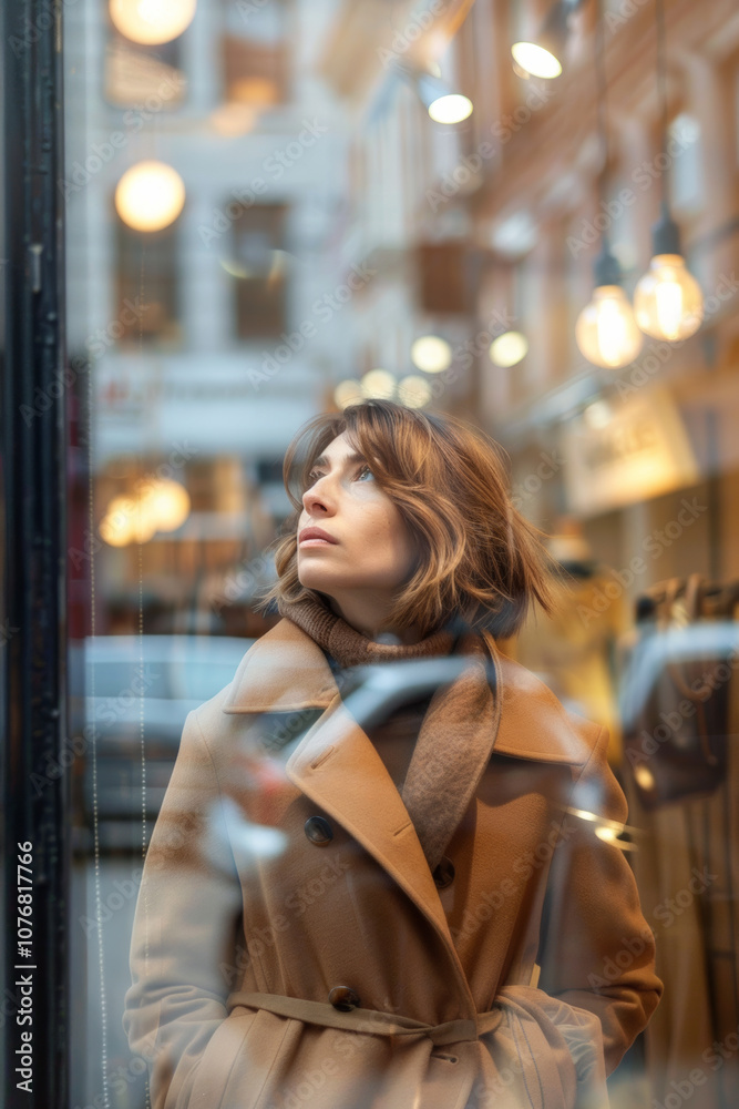 Fototapeta premium A beautiful young woman stands beside a large shop window, with street lights reflecting in the glass, creating a vibrant and stylish urban scene.