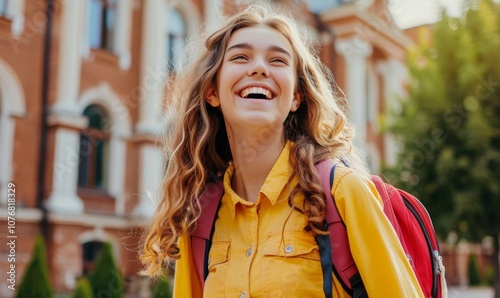 Happy smiling girl going to college