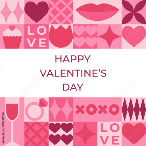 Valentine's day greeting card with pink elements and geometric shapes. Template for Valentine holiday design