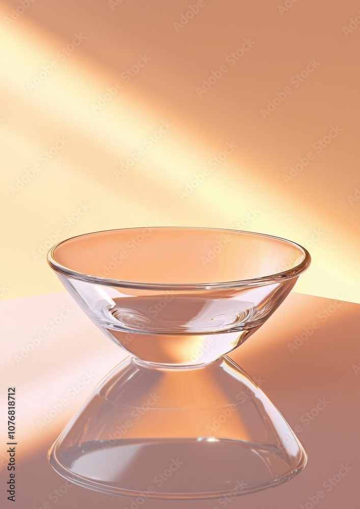 A glass bowl is sitting on a table with a light shining on it A glass bowl is sitting on a table with a light shining on it