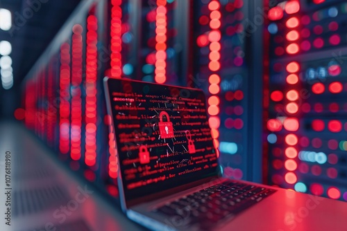 A laptop displays cybersecurity graphics in a server room, illuminated by red lights, emphasizing data protection and security. photo