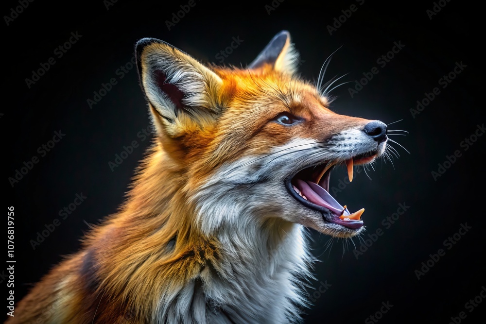 Fototapeta premium Majestic Red Fox Yawning Against a Dramatic Black Background Captured in Nature's Splendor, Showcasing the Beauty of Wildlife in a Striking Contrast of Colors