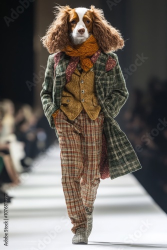 An anthropomorphic dog-headed model strutting confidently down a high-fashion runway, dressed in a luxurious, designer-inspired outfit tailored for a human form.  photo