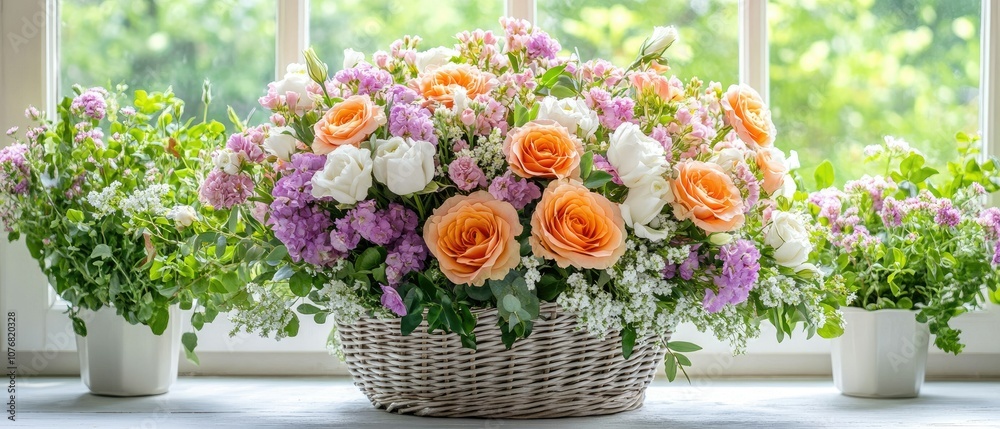 Basket of pink, orange, and white flowers on windowsill. Basket of pink, orange, and white flowers on windowsill.