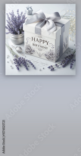 A birthday card with a lavender flower gift and dark color background ai generated.