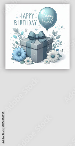 A birthday card with a pastel blue water color flower gift balloon and gray color background ai generated.