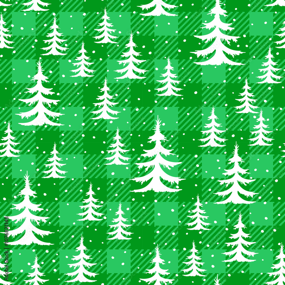 Obraz premium Trendy Christmas seamless pattern. Green Buffalo Plaid background with white Christmas tree texture. Vector checkered plaid and cute winter forest print for fashion, fabric, wrapping paper, decoration