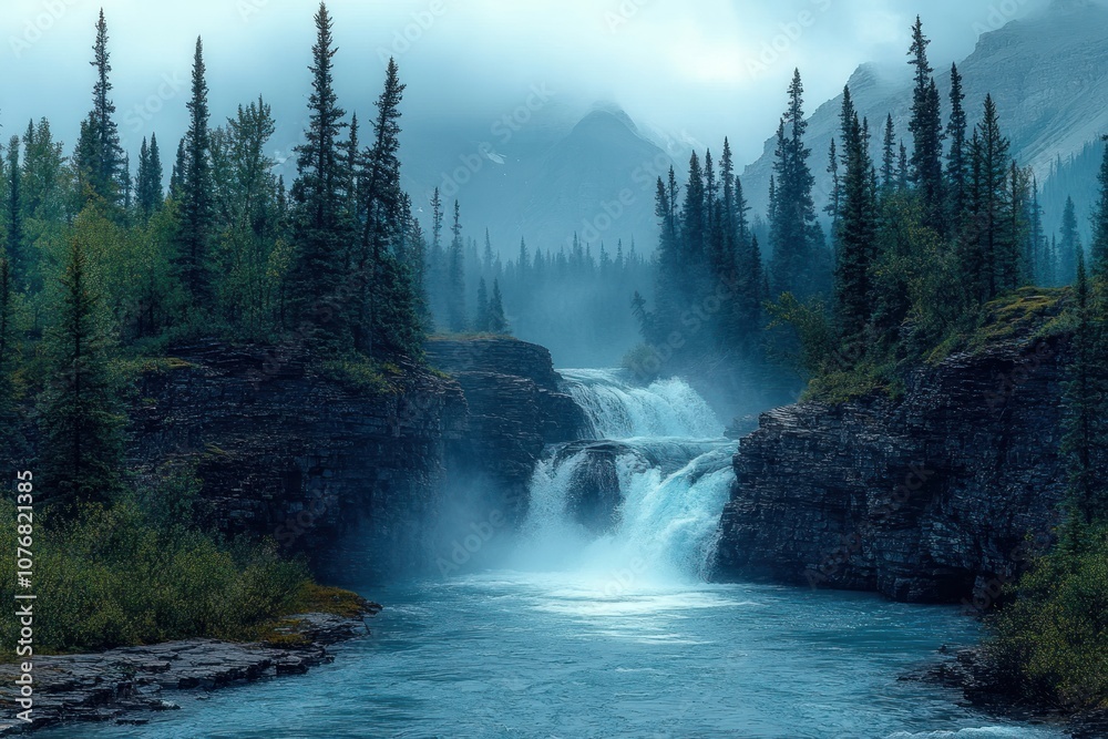 Misty Waterfall Cascading Through a Forest and Rocky Cliffs Misty Waterfall Cascading Through a Forest and Rocky Cliffs