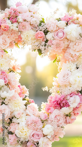 A stunning heart-shaped arrangement of pink and white flowers is illuminated by soft sunset light in a serene location
