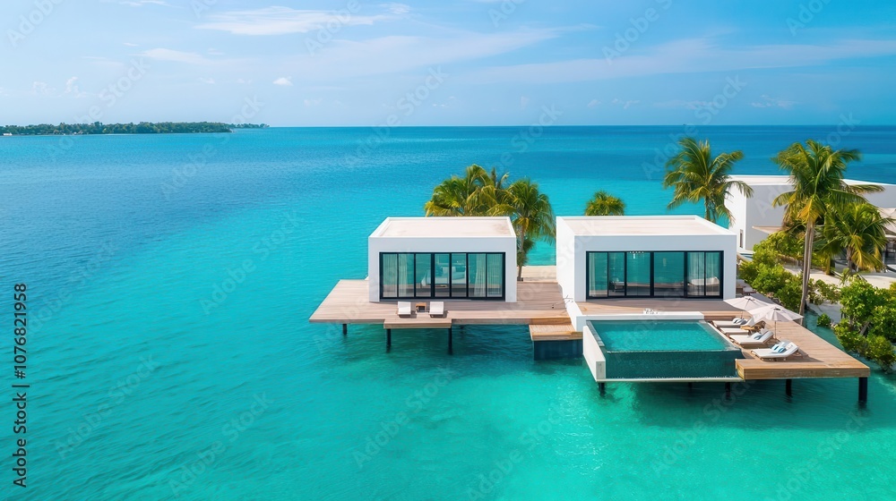 Obraz premium Millionaire s private island with multiple beachfront villas, clear blue waters, and exclusive amenities