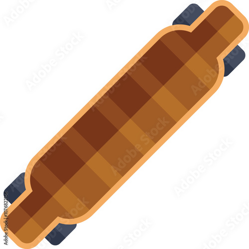 Longboard skateboard with wooden patterned deck and black wheels lying top view icon