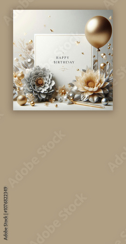 A birthday card with silver and gold color flower and balloon tan color background ai generated.