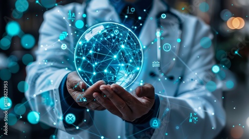 A doctor in a white coat holds a glowing digital globe representing global healthcare, medical advancements, and interconnectedness.