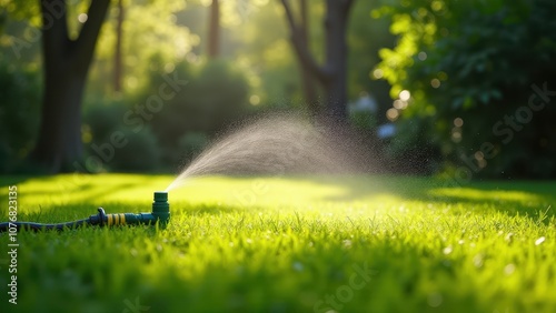 Hose with sprinkler on lawn for greenery. Sunlight filters through trees as a hose sprays water, creating a refreshing scene on a lush green lawn.