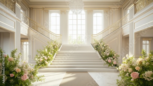 Grand staircase in an elegant mansion with floral designs photo