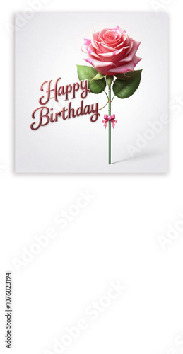 A birthday greeting card with a pink rose flower and white background ai generated.