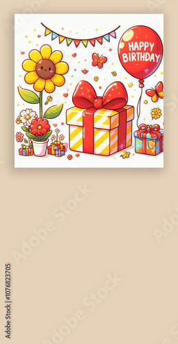 A birthday card with red yellow flower and gift box wheat color background ai generated.