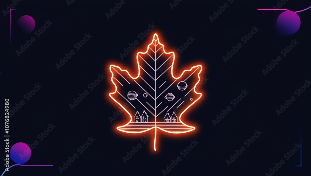 Obraz premium Cosmic Maple Leaf Neon Sign