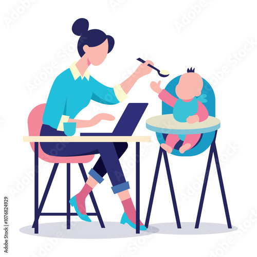 Flat Design Illustration of a Working Mom Multitasking, Feeding Baby While Using Laptop. Vector Art Representing Parenthood, Work-Life Balance, and Remote Work