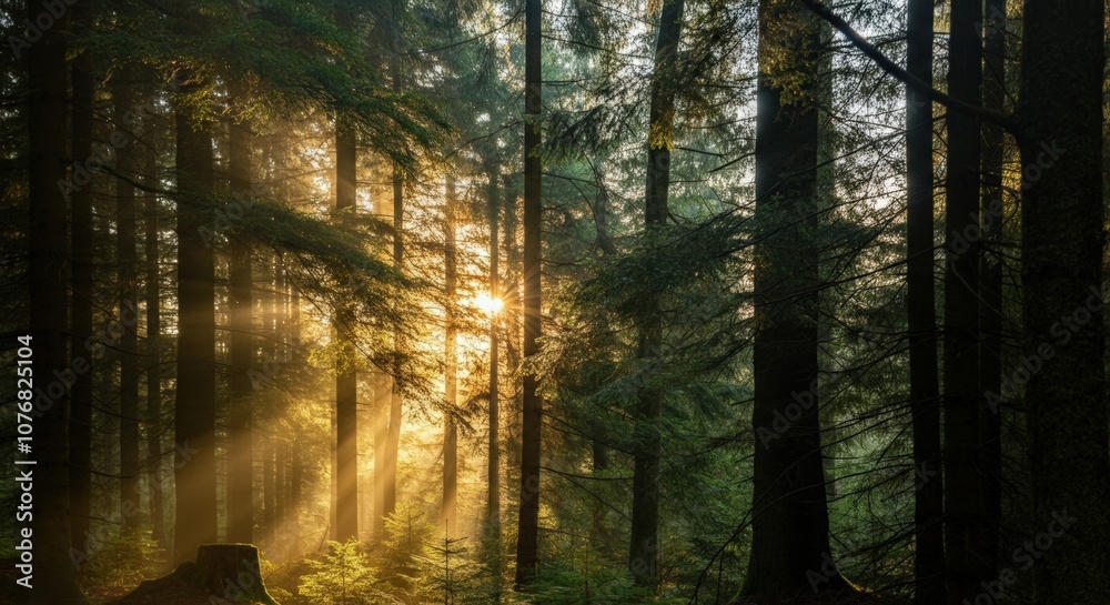 Obraz premium Sunbeams Through the Trees in a Foggy Forest