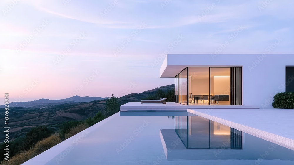 Fototapeta premium Contemporary glass mansion overlooking rolling hills, infinity pool reflecting the landscape, and luxury interiors
