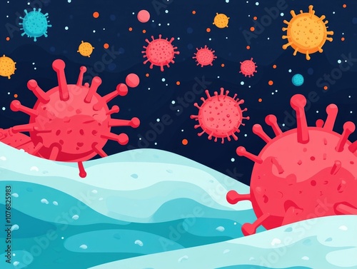 Flat Design of Microscopic Pathogens and Microorganisms Contaminating a Frozen Cube of Non Sterile Ice Depicting the Hazardous and Unhygienic Dangers of Exposure to Icy Pollution and Toxic Infections photo