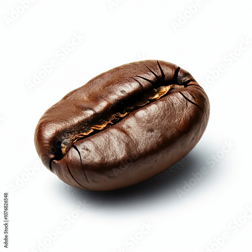 A single robusta coffee bean, zoomed in to capture its rounder, more irregular shape and rougher texture