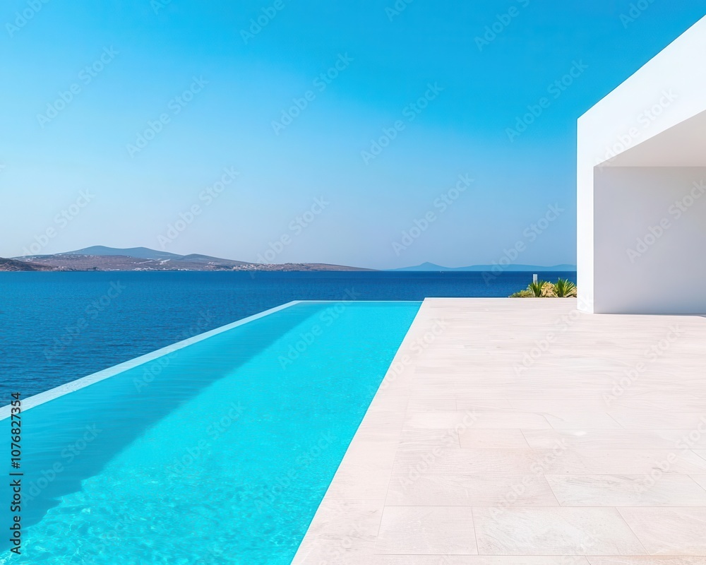 Fototapeta premium Spacious villa with large open spaces, minimalist design, and a rooftop lounge overlooking the sea
