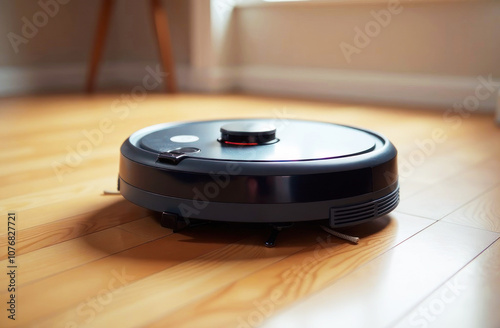 A robotic vacuum cleaner navigates the wooden floor in a comfortable living room, ensuring cleanliness effortlessly