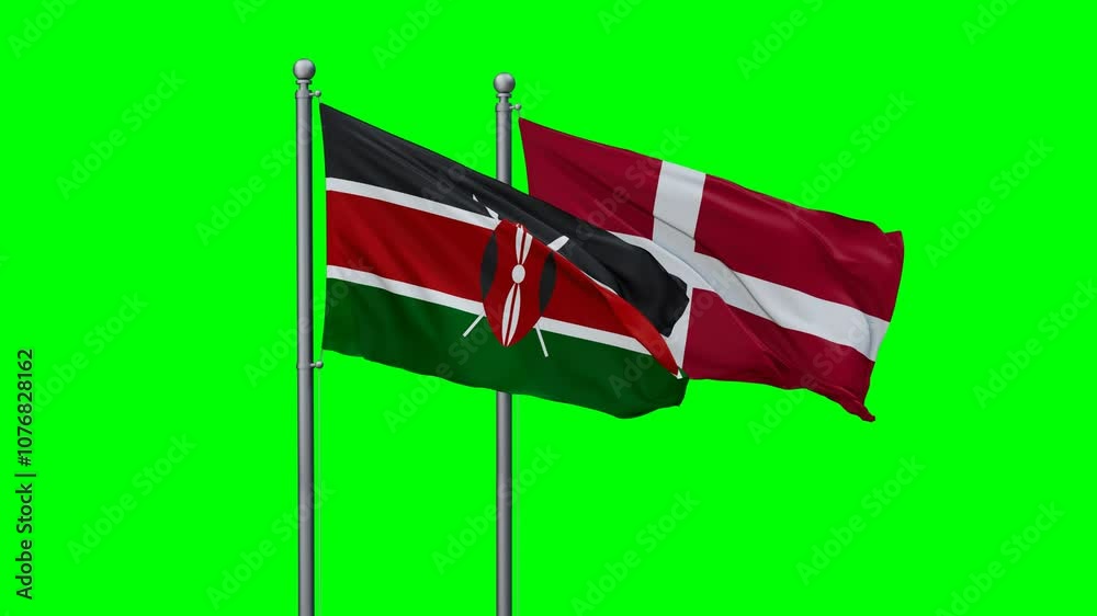 Denmark and Kenya flags flying together, video concept of the relationship with colored chroma key for easy background remove Denmark and Kenya flags flying together, video concept of the relationship with colored chroma key for easy background remove