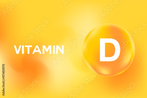 Vitamin D glowing 3D molecule element or bubble, watercolor gradient background. Rich fluid orange, yellow color flowing bubbles, supplement products banner, presentation, infographic design