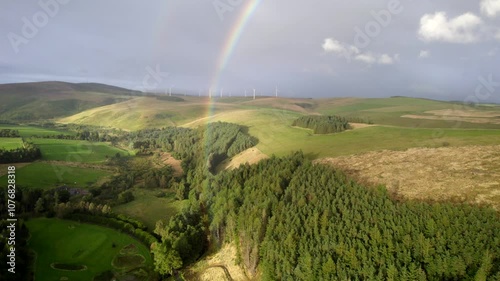 Scottish wind turbines and a rainbow by drone