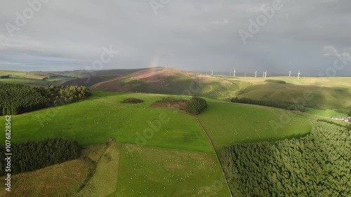 Scottish wind turbines and a rainbow by drone