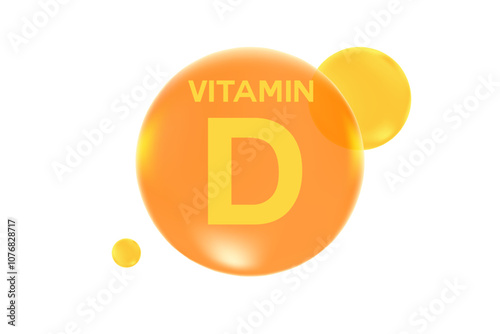 Vitamin D glowing 3D molecule element or bubble isolated, transparent background. Rich fluid orange, yellow color flowing bubbles, supplement skin products banner, presentation, infographic design