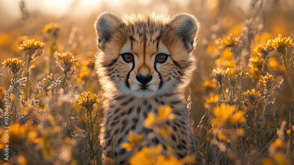 Obraz premium A cheetah cub with a curious expression sits in a field of yellow wildflowers.