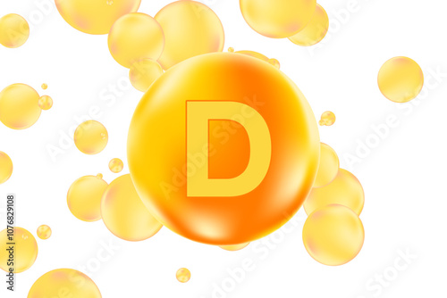 Vitamin D glowing 3D molecule element or bubble isolated, transparent background. Rich fluid orange, yellow color flowing bubbles, supplement skin products banner, presentation, infographic design