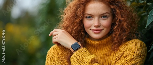Close up portrait of smiling woman with red hair wearing a yellow sweater and smartwatch.