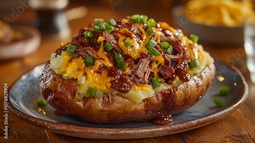 Fully Loaded Baked Potato with Tender BBQ Brisket,Melted Cheese,and Fresh Green Onions in a Cozy Restaurant Setting