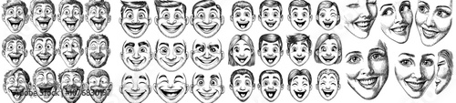 Caricatures with expressions of happiness, excitement, laughter, sadness, and fear. Set of five caucasian caricatures.