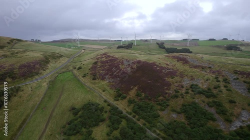 Scottish wind turbines, overcast conditions by drone