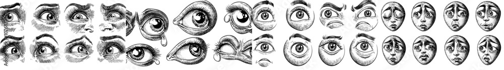Fototapeta premium Cartoon eyes in human expressions. Comic caricature of human emotions, angry and happy faces. Isolated modern illustration icons.