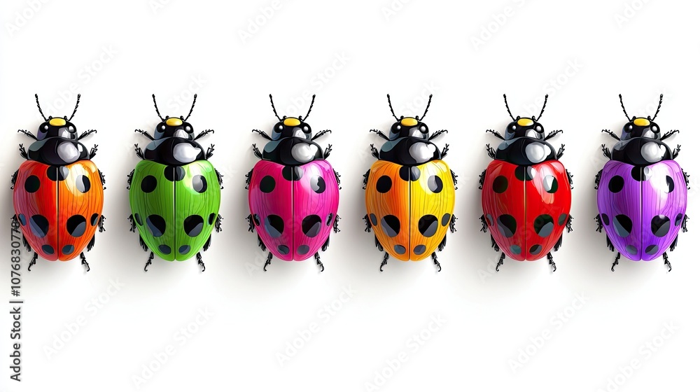 Fototapeta premium Colorful ladybugs lined up, showcasing vibrant hues and unique patterns, isolated on white background