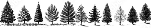 Isolated forest trees on a white background with a modern tree silhouette