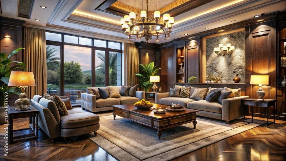 Fototapeta premium Experience the allure of a beautifully designed villa living room in this captivating low-light 3D render, offering exquisite decor inspiration for elegance and style.